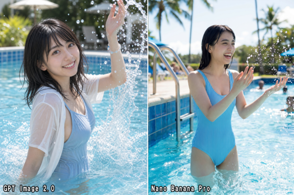 自分の顔がなかなか似ない, AIキャラクターでもやっぱり似ない, 実写調の水着姿を生成するのはかなり難しい, 目指す画像によって使い分ける必要がありそう