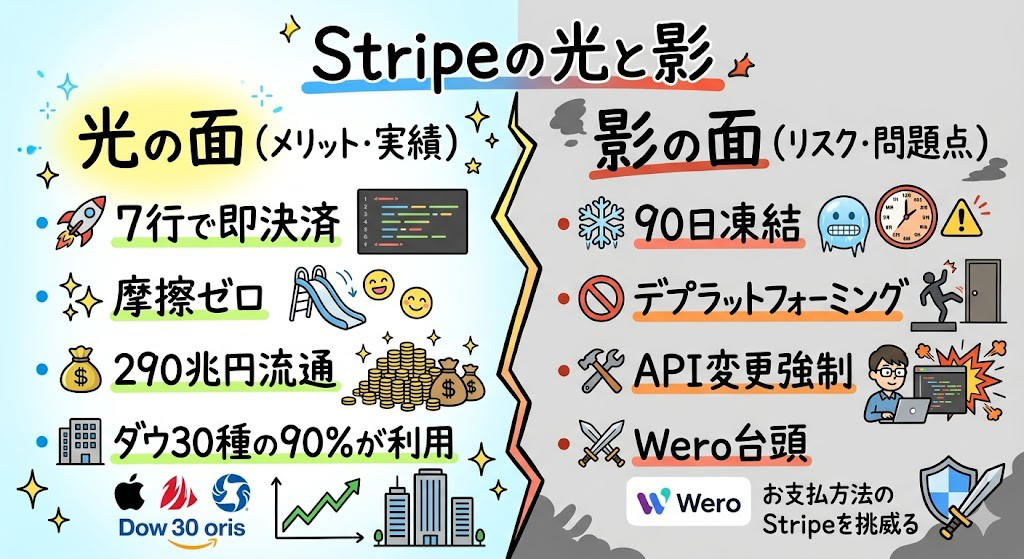 この記事で学べること, あなたが昨日払ったお金、どこを通ってた？, 19歳と17歳でミリオネア｜その後、次の壁を見た, 7行のコード｜PCI DSSの地獄から、コピペ1回で解放した, コリソン・インストール｜YCが命名した伝説の営業, ロゴを消して、インフラとして勝つ｜Bから9Bへ3倍超の回復構造, ShopifyもOpenAIも｜Stripe無しでは動かない, Stripe Mafia｜Greg Brockmanが自分の手でカード金庫を作った話, 「カードの上に乗っているだけ」ではなかった, AI時代の「財布」を握りに行く｜2030年1.7兆ドルの争奪戦, 新戦線①：stablecoinで「送金の壁」を壊しにいく, 新戦線②：欧州Weroとの地政学的戦い、そしてAdyenとの哲学差, Stripe依存の罠｜90日凍結と「静かなる支配」, 同じ戦略で勝った巨人たち｜Stripeは例外ではない, 兄弟の哲学は世界中の起業家に届いている, まとめ：摩擦をゼロにした人が、見えないまま勝つ
