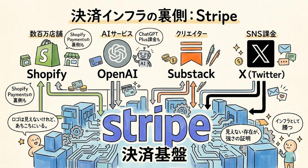 この記事で学べること, あなたが昨日払ったお金、どこを通ってた？, 19歳と17歳でミリオネア｜その後、次の壁を見た, 7行のコード｜PCI DSSの地獄から、コピペ1回で解放した, コリソン・インストール｜YCが命名した伝説の営業, ロゴを消して、インフラとして勝つ｜Bから9Bへ3倍超の回復構造, ShopifyもOpenAIも｜Stripe無しでは動かない, Stripe Mafia｜Greg Brockmanが自分の手でカード金庫を作った話, 「カードの上に乗っているだけ」ではなかった, AI時代の「財布」を握りに行く｜2030年1.7兆ドルの争奪戦, 新戦線①：stablecoinで「送金の壁」を壊しにいく, 新戦線②：欧州Weroとの地政学的戦い、そしてAdyenとの哲学差, Stripe依存の罠｜90日凍結と「静かなる支配」, 同じ戦略で勝った巨人たち｜Stripeは例外ではない, 兄弟の哲学は世界中の起業家に届いている, まとめ：摩擦をゼロにした人が、見えないまま勝つ
