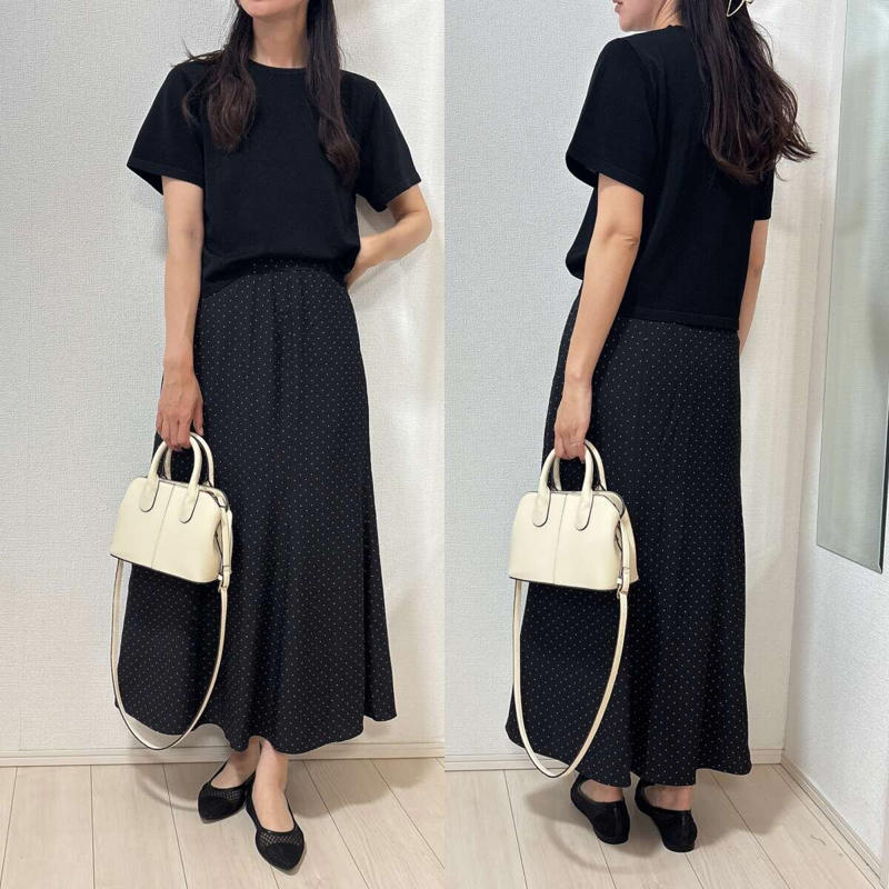 薄手で夏にも着られるニットT, スカートコーデできれいめに, デニム合わせでオフの日にも, セットアップのインナーにも使える, フリルサロペのインナーにも, ビスチェを重ねるのも可愛い