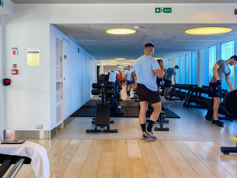 There was also a gym in the indoor portion of deck 15. Upstairs, deck seven is a gamer's paradise., Deck seven also has an outdoor lounge known as the Dock., Decks eight to 14 hold nothing but staterooms., There was also a gym in the indoor portion of deck 15., I think you can get a more fun workout upstairs on deck 16., ... and a wide variety of games and sports, like a giant chessboard.