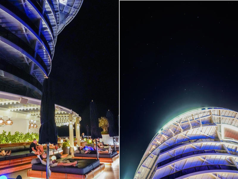 Deck seven also has an outdoor lounge known as the Dock. Upstairs, deck seven is a gamer's paradise., Deck seven also has an outdoor lounge known as the Dock., Decks eight to 14 hold nothing but staterooms., There was also a gym in the indoor portion of deck 15., I think you can get a more fun workout upstairs on deck 16., ... and a wide variety of games and sports, like a giant chessboard.