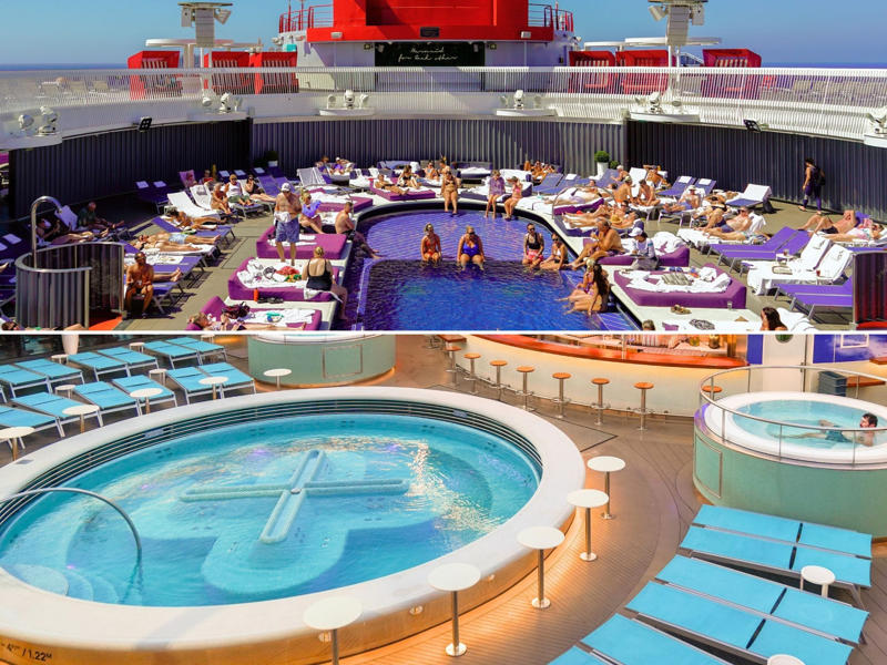 Up on deck 15, there are two pools surrounded by lounge chairs and whirlpools. Upstairs, deck seven is a gamer's paradise., Deck seven also has an outdoor lounge known as the Dock., Decks eight to 14 hold nothing but staterooms., There was also a gym in the indoor portion of deck 15., I think you can get a more fun workout upstairs on deck 16., ... and a wide variety of games and sports, like a giant chessboard.