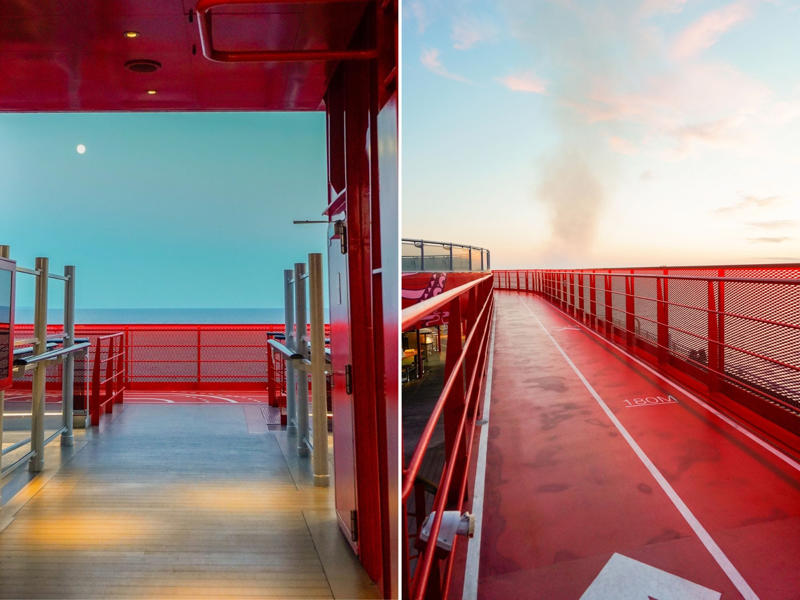 Lastly, the top deck, 17, holds the runway, a bright-red track that circles the ship. Upstairs, deck seven is a gamer's paradise., Deck seven also has an outdoor lounge known as the Dock., Decks eight to 14 hold nothing but staterooms., There was also a gym in the indoor portion of deck 15., I think you can get a more fun workout upstairs on deck 16., ... and a wide variety of games and sports, like a giant chessboard.