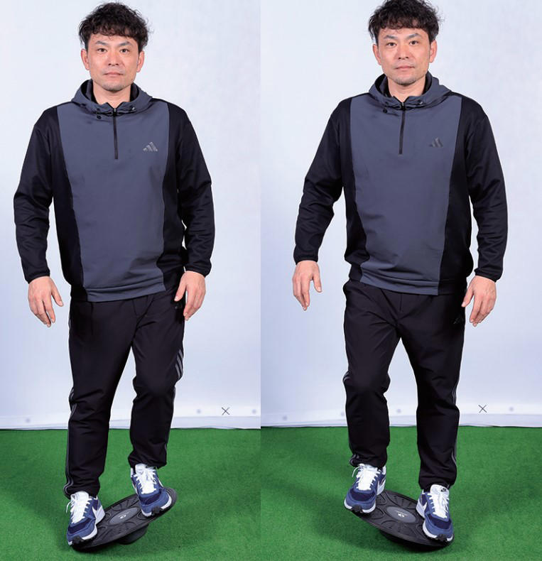 構えが整えばすでに成功したも同然, うまく“当たる”構えを作るのが第一歩, “打ちたい球”に応じてアレンジする, 足をグネグネ動かしワッグルをする, Point1：クラブは下から支えてヒジは体と一体化, Point2：足裏をグネグネ細かく動かす, 不安定なディスク上でバランスをとるイメージ, 自分でトルクを生み出すことが大事, フェース開閉のトルクを感じる, 2本指でクラブをつまんで振る, “手のひらセンサー”のレベルアップドリル, 【Drill２】体のヨコでクラブ回し, 手のひらはグリップに密着させない