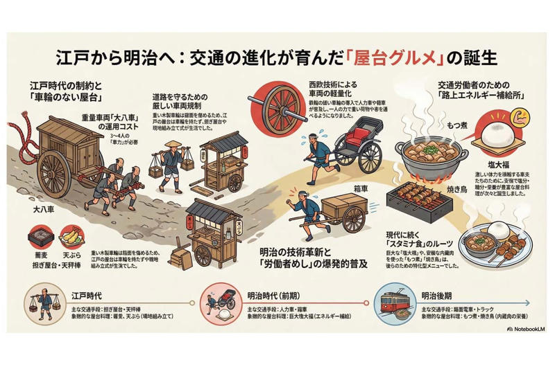 車輪なき屋台の構造と規制, 重い車両と道路保護の制約, 明治時代は「車輪の時代」, 交通労働者のガソリンスタンド, 内臓肉でビタミン補給
