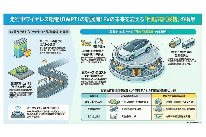 走行中給電が変えるEVの前提, 回転式試験装置が広げる開発環境, 小型車両を支える3kW給電性能, 分野横断の技術統合が支える進展, 走行中給電が変える価値の置き場