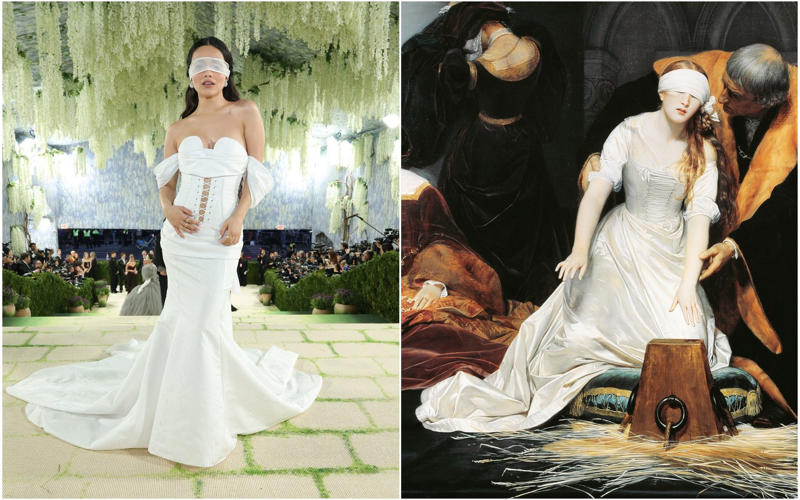 Heidi Klum as the Veiled Vestal, Kendall Jenner as the Winged Victory of Samothrace, Madonna (and friends) as the Temptation of Saint Anthony, The Temptation of Saint Anthony by Leonora Carrington, Gracie Abrams as Gustav Klimt’s Adele Bloch-Bauer, Hunter Schafer as Gustav Klimt’s Mäda Primavesi, Kylie Jenner as Venus de Milo, Venus Williams as herself, Kim Kardashian in a breastplate by Allen Jones, Hailey Bieber in Saint Laurent, Beyoncé as Caroline Durieux’s Visitor, Rosé as Georges Braque’s the Birds, Rachel Zegler as Paul Delaroche’s the Execution of Lady Jane Grey, Sabrina Carpenter as Sabrina, Sabrina Carpenter as Andy Warhol’s Marilyn Monroe, Charli XCX as Van Gogh’s Irises, Alexa Chung as Monet’s Water Lilies, Ashley Graham as Hestia, Emma Chamberlain in Mugler