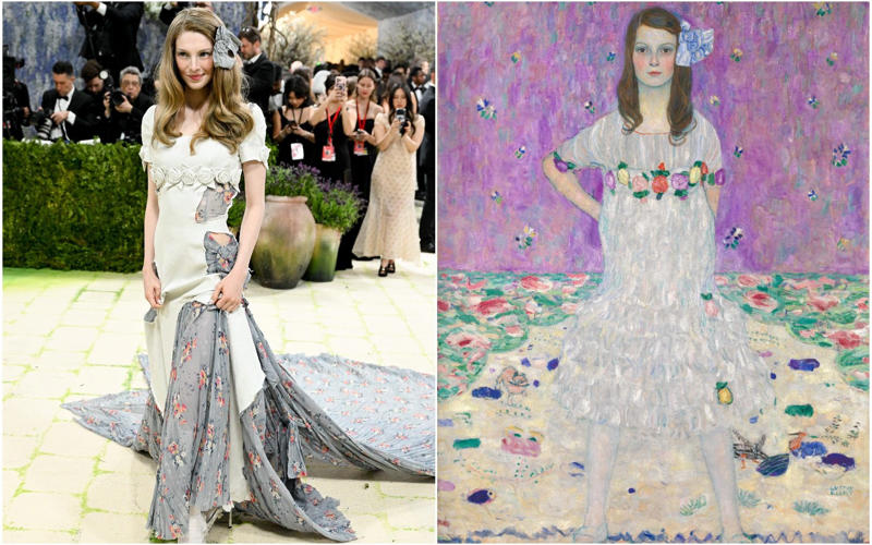 Heidi Klum as the Veiled Vestal, Kendall Jenner as the Winged Victory of Samothrace, Madonna (and friends) as the Temptation of Saint Anthony, The Temptation of Saint Anthony by Leonora Carrington, Gracie Abrams as Gustav Klimt’s Adele Bloch-Bauer, Hunter Schafer as Gustav Klimt’s Mäda Primavesi, Kylie Jenner as Venus de Milo, Venus Williams as herself, Kim Kardashian in a breastplate by Allen Jones, Hailey Bieber in Saint Laurent, Beyoncé as Caroline Durieux’s Visitor, Rosé as Georges Braque’s the Birds, Rachel Zegler as Paul Delaroche’s the Execution of Lady Jane Grey, Sabrina Carpenter as Sabrina, Sabrina Carpenter as Andy Warhol’s Marilyn Monroe, Charli XCX as Van Gogh’s Irises, Alexa Chung as Monet’s Water Lilies, Ashley Graham as Hestia, Emma Chamberlain in Mugler