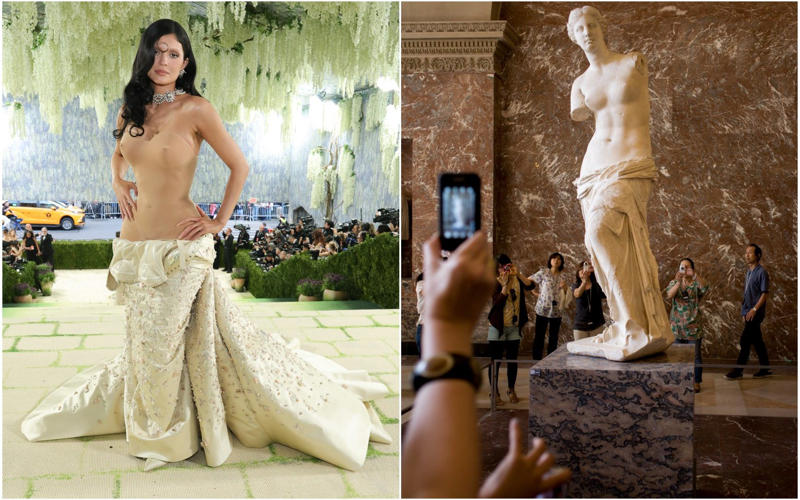 Heidi Klum as the Veiled Vestal, Kendall Jenner as the Winged Victory of Samothrace, Madonna (and friends) as the Temptation of Saint Anthony, The Temptation of Saint Anthony by Leonora Carrington, Gracie Abrams as Gustav Klimt’s Adele Bloch-Bauer, Hunter Schafer as Gustav Klimt’s Mäda Primavesi, Kylie Jenner as Venus de Milo, Venus Williams as herself, Kim Kardashian in a breastplate by Allen Jones, Hailey Bieber in Saint Laurent, Beyoncé as Caroline Durieux’s Visitor, Rosé as Georges Braque’s the Birds, Rachel Zegler as Paul Delaroche’s the Execution of Lady Jane Grey, Sabrina Carpenter as Sabrina, Sabrina Carpenter as Andy Warhol’s Marilyn Monroe, Charli XCX as Van Gogh’s Irises, Alexa Chung as Monet’s Water Lilies, Ashley Graham as Hestia, Emma Chamberlain in Mugler