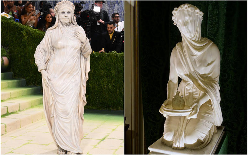 Heidi Klum as the Veiled Vestal, Kendall Jenner as the Winged Victory of Samothrace, Madonna (and friends) as the Temptation of Saint Anthony, The Temptation of Saint Anthony by Leonora Carrington, Gracie Abrams as Gustav Klimt’s Adele Bloch-Bauer, Hunter Schafer as Gustav Klimt’s Mäda Primavesi, Kylie Jenner as Venus de Milo, Venus Williams as herself, Kim Kardashian in a breastplate by Allen Jones, Hailey Bieber in Saint Laurent, Beyoncé as Caroline Durieux’s Visitor, Rosé as Georges Braque’s the Birds, Rachel Zegler as Paul Delaroche’s the Execution of Lady Jane Grey, Sabrina Carpenter as Sabrina, Sabrina Carpenter as Andy Warhol’s Marilyn Monroe, Charli XCX as Van Gogh’s Irises, Alexa Chung as Monet’s Water Lilies, Ashley Graham as Hestia, Emma Chamberlain in Mugler