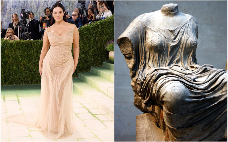 Heidi Klum as the Veiled Vestal, Kendall Jenner as the Winged Victory of Samothrace, Madonna (and friends) as the Temptation of Saint Anthony, The Temptation of Saint Anthony by Leonora Carrington, Gracie Abrams as Gustav Klimt’s Adele Bloch-Bauer, Hunter Schafer as Gustav Klimt’s Mäda Primavesi, Kylie Jenner as Venus de Milo, Venus Williams as herself, Kim Kardashian in a breastplate by Allen Jones, Hailey Bieber in Saint Laurent, Beyoncé as Caroline Durieux’s Visitor, Rosé as Georges Braque’s the Birds, Rachel Zegler as Paul Delaroche’s the Execution of Lady Jane Grey, Sabrina Carpenter as Sabrina, Sabrina Carpenter as Andy Warhol’s Marilyn Monroe, Charli XCX as Van Gogh’s Irises, Alexa Chung as Monet’s Water Lilies, Ashley Graham as Hestia, Emma Chamberlain in Mugler