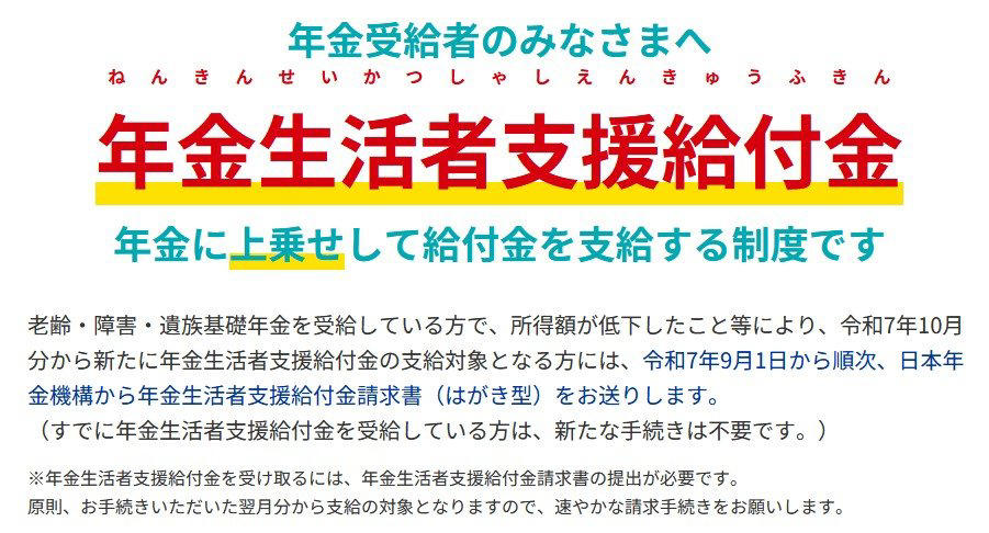「年金生活者支援給付金」とは, 「約1万1000円」は年金生活者支援給付金の2カ月分, 【年金生活者支援給付金の給付額（2026年度）】, 年金生活者支援給付金を受け取るには？, 「老齢年金生活者支援給付金」支給要件, 「障害年金生活者支援給付金」「遺族年金生活者支援給付金」の支給要件, 老齢年金生活者支援給付金の計算方法, 年金生活者支援給付金の申請方法, これから老齢年金を受け取り始める人, すでに年金を受給している人の場合, 参考：すでに給付金を受け取っている方の手続きは？
