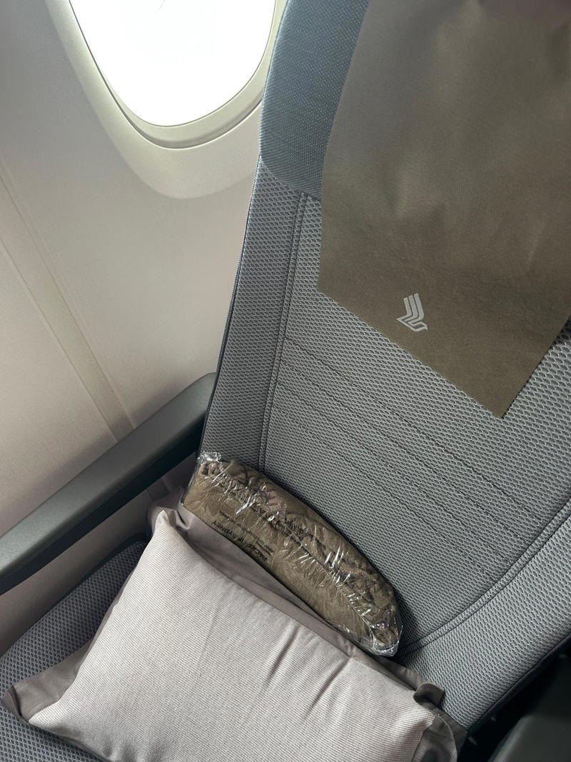 搭乗前からシンガポール航空に感銘を受けた, 受託手荷物の重量制限が太っ腹なことにも驚いた, 搭乗前、機内の入り口付近でヘッドホンを受け取った, 座席はアメリカの航空会社で慣れていたものより遥かに広々としていた, 席にはふかふかのグレーの枕と、しっかりとした毛布が用意されていた, 足元スペースも十分に確保されていた, 前の座席には便利なボタンや収納ポケットが備わっていた, 充実した機内エンターテインメントを楽しんだ, 離陸前、CAが乗客全員におしぼりを配ってくれた, 離陸から20分以内に、最初のドリンクとスナックが提供された, そしてディナーサービスが始まった, ディナーが落ち着いた頃、CAがデザートのアイスクリームサンドを配ってくれた, 着陸の1時間前には、温かい軽食が提供された, 全体として、シンガポール航空での初めての体験は素晴らしいものだった