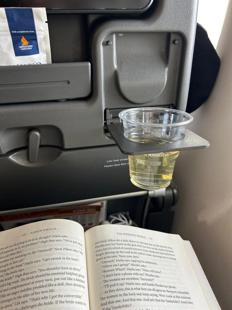 搭乗前からシンガポール航空に感銘を受けた, 受託手荷物の重量制限が太っ腹なことにも驚いた, 搭乗前、機内の入り口付近でヘッドホンを受け取った, 座席はアメリカの航空会社で慣れていたものより遥かに広々としていた, 席にはふかふかのグレーの枕と、しっかりとした毛布が用意されていた, 足元スペースも十分に確保されていた, 前の座席には便利なボタンや収納ポケットが備わっていた, 充実した機内エンターテインメントを楽しんだ, 離陸前、CAが乗客全員におしぼりを配ってくれた, 離陸から20分以内に、最初のドリンクとスナックが提供された, そしてディナーサービスが始まった, ディナーが落ち着いた頃、CAがデザートのアイスクリームサンドを配ってくれた, 着陸の1時間前には、温かい軽食が提供された, 全体として、シンガポール航空での初めての体験は素晴らしいものだった