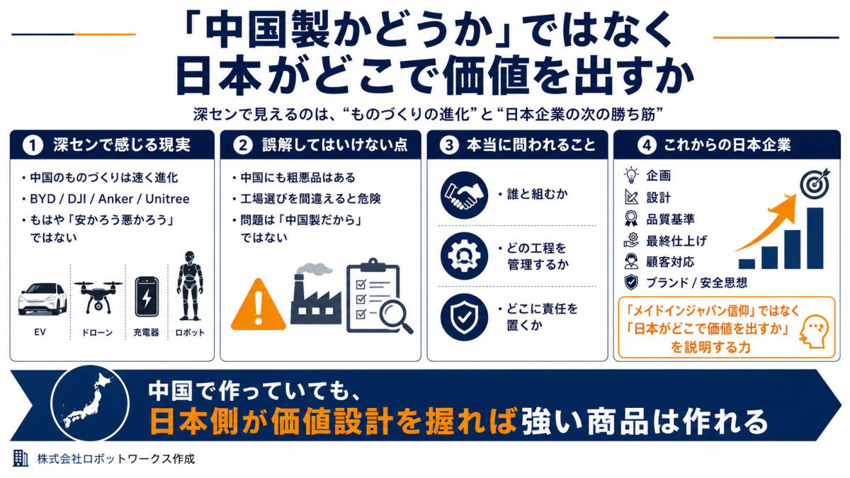 大阪万博EVバス騒動は、なぜ象徴的だったのか, 「日本製なら安心」という感覚は、どこまで現実なのでしょうか, 日本企業が関わる製品の4つのパターン, パターン1：ほぼ完成品を輸入して「日本企業製」として売るケース, パターン2：中国の部品や半完成品を日本で組み立てるケース, パターン3：中国で7割作り、日本の職人が仕上げるケース, パターン4：日本が企画・設計・品質管理し、中国で量産するケース, スイス時計は「60%以上」でスイス製を名乗れます, 「日本製」の定義を曖昧にしたままでは、ブランドは守れません, 日本企業は「産地」ではなく「価値設計」で戦うべき, これからのメイドインジャパンは、正直さで差がつくか, 筆者プロフィール