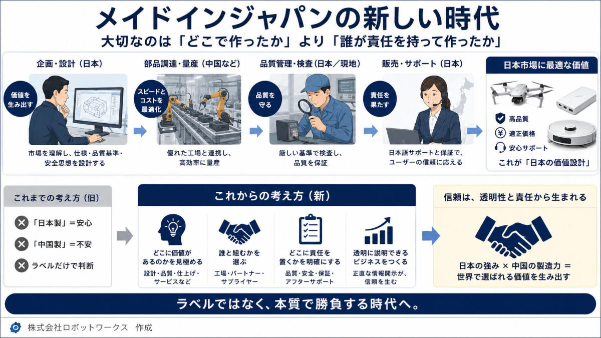 大阪万博EVバス騒動は、なぜ象徴的だったのか, 「日本製なら安心」という感覚は、どこまで現実なのでしょうか, 日本企業が関わる製品の4つのパターン, パターン1：ほぼ完成品を輸入して「日本企業製」として売るケース, パターン2：中国の部品や半完成品を日本で組み立てるケース, パターン3：中国で7割作り、日本の職人が仕上げるケース, パターン4：日本が企画・設計・品質管理し、中国で量産するケース, スイス時計は「60%以上」でスイス製を名乗れます, 「日本製」の定義を曖昧にしたままでは、ブランドは守れません, 日本企業は「産地」ではなく「価値設計」で戦うべき, これからのメイドインジャパンは、正直さで差がつくか, 筆者プロフィール
