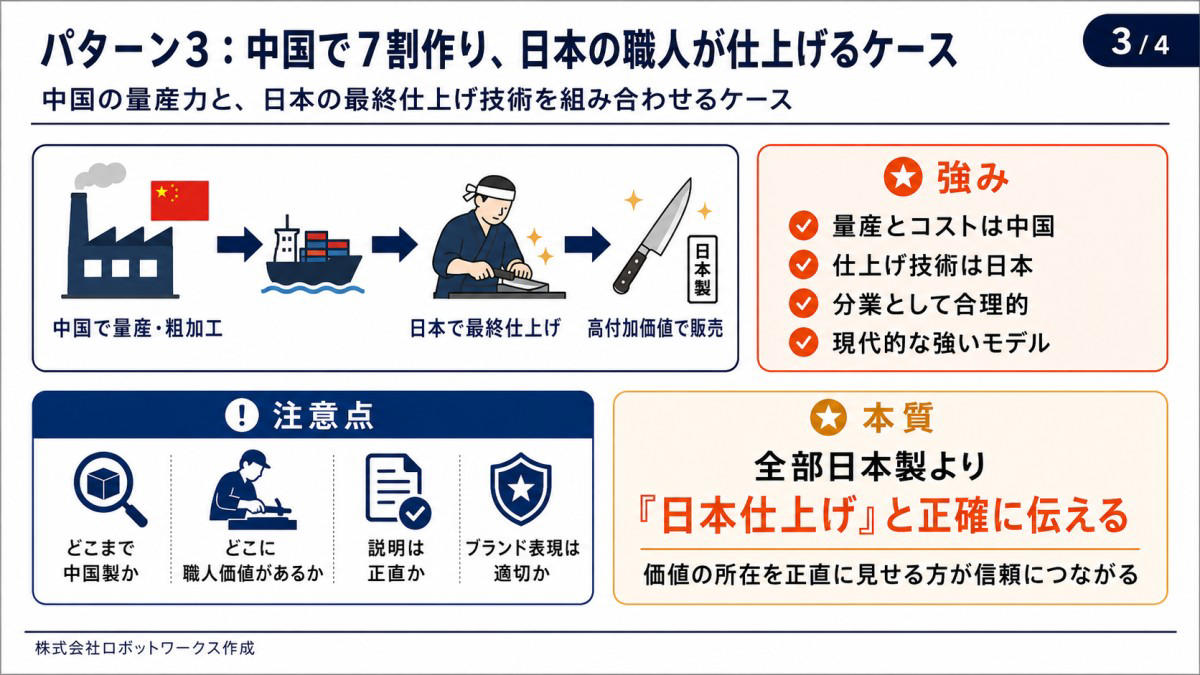 大阪万博EVバス騒動は、なぜ象徴的だったのか, 「日本製なら安心」という感覚は、どこまで現実なのでしょうか, 日本企業が関わる製品の4つのパターン, パターン1：ほぼ完成品を輸入して「日本企業製」として売るケース, パターン2：中国の部品や半完成品を日本で組み立てるケース, パターン3：中国で7割作り、日本の職人が仕上げるケース, パターン4：日本が企画・設計・品質管理し、中国で量産するケース, スイス時計は「60%以上」でスイス製を名乗れます, 「日本製」の定義を曖昧にしたままでは、ブランドは守れません, 日本企業は「産地」ではなく「価値設計」で戦うべき, これからのメイドインジャパンは、正直さで差がつくか, 筆者プロフィール