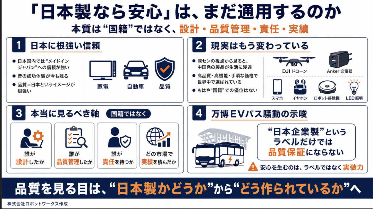 大阪万博EVバス騒動は、なぜ象徴的だったのか, 「日本製なら安心」という感覚は、どこまで現実なのでしょうか, 日本企業が関わる製品の4つのパターン, パターン1：ほぼ完成品を輸入して「日本企業製」として売るケース, パターン2：中国の部品や半完成品を日本で組み立てるケース, パターン3：中国で7割作り、日本の職人が仕上げるケース, パターン4：日本が企画・設計・品質管理し、中国で量産するケース, スイス時計は「60%以上」でスイス製を名乗れます, 「日本製」の定義を曖昧にしたままでは、ブランドは守れません, 日本企業は「産地」ではなく「価値設計」で戦うべき, これからのメイドインジャパンは、正直さで差がつくか, 筆者プロフィール