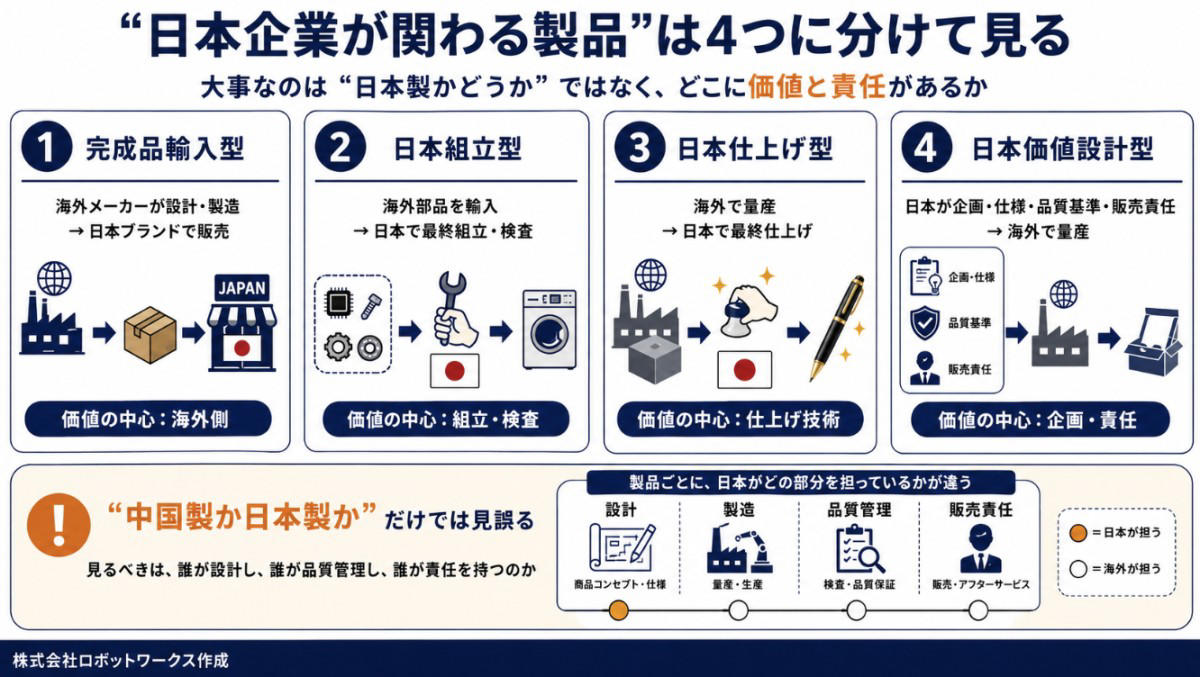 大阪万博EVバス騒動は、なぜ象徴的だったのか, 「日本製なら安心」という感覚は、どこまで現実なのでしょうか, 日本企業が関わる製品の4つのパターン, パターン1：ほぼ完成品を輸入して「日本企業製」として売るケース, パターン2：中国の部品や半完成品を日本で組み立てるケース, パターン3：中国で7割作り、日本の職人が仕上げるケース, パターン4：日本が企画・設計・品質管理し、中国で量産するケース, スイス時計は「60%以上」でスイス製を名乗れます, 「日本製」の定義を曖昧にしたままでは、ブランドは守れません, 日本企業は「産地」ではなく「価値設計」で戦うべき, これからのメイドインジャパンは、正直さで差がつくか, 筆者プロフィール