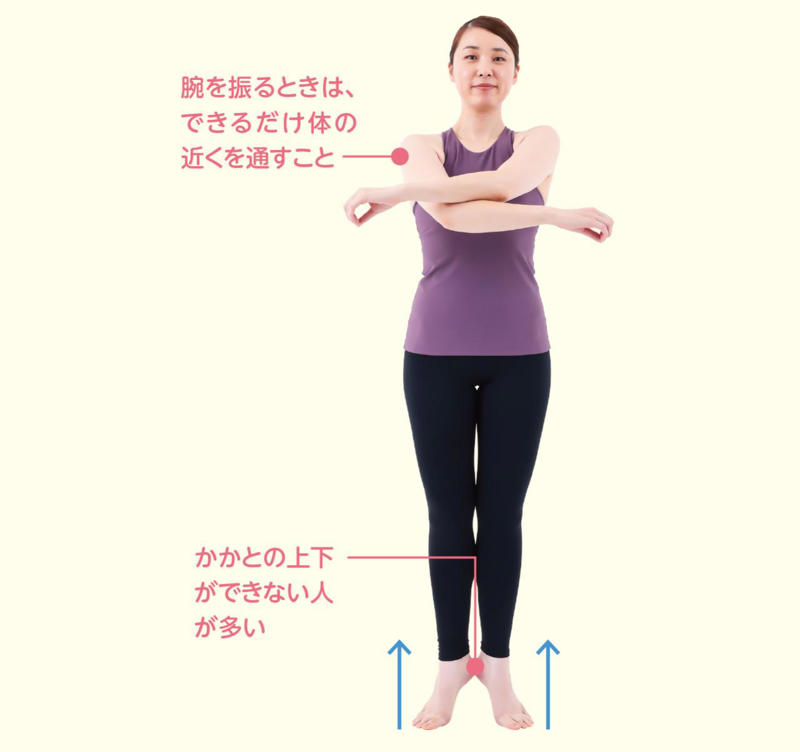 かかとの上下運動「曲げ伸ばしてトン！」, 「腕を振って脚を曲げ伸ばす運動」はここに効きます！, やってしまいがち……, 東京都健康長寿医療センター研究所／東京都介護予防・フレイル予防 推進支援センター 副センター長 植田拓也