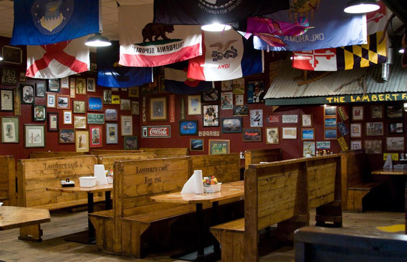 Missouri: Lambert's Cafe, Sikeston Out-of-the-ordinary restaurants, Alabama: Rattlesnake Saloon, Tuscumbia, Alaska: The Hangar on the Wharf, Juneau, Arizona: Salt Cellar Restaurant, Scottsdale, Arkansas: Flying Fish, Little Rock, California: Tonga Room & Hurricane Bar, San Francisco, California: Carney's, Los Angeles, Colorado: The Airplane Restaurant, Colorado Springs, Connecticut: Traveler Restaurant, Union, Delaware: Jessop's Tavern, New Castle, District of Columbia: Sax Restaurant & Lounge, Washington DC, Florida: Sci-Fi Dine-In Theater, Orlando, Florida: The Bubble Room, Captiva, Georgia: The Varsity, Atlanta, Hawaii: Mama's Fish House, Maui, Idaho: Pioneer Saloon, Ketchum, Illinois: Frontier, Chicago, Indiana: Industrial Revolution Eatery & Grille, Valparaiso, Iowa: Zombie Burger, Des Moines, Kansas: Fritz's Railroad Restaurant, Kansas City, Kentucky: Jailhouse Pizza, Brandenburg, Louisiana: Commander's Palace, New Orleans, Maine: Palace Diner, Biddeford, Maryland: Beans in the Belfry, Brunswick, Massachusetts: Gibbet Hill Grill, Groton, Michigan: Bavarian Inn Restaurant & Lodge, Frankenmuth, Minnesota: Choo Choo Restaurant & Bar, Loretto, Mississippi: Mary Mahoney's, Biloxi, Missouri: Lambert's Cafe, Sikeston, Montana: Sip ‘n Dip Lounge, Great Falls, Nebraska: Brother Sebastian's Steak House & Winery, Omaha, Nevada: Heart Attack Grill, Las Vegas, New Hampshire: The Little Red Schoolhouse, West Campton, New Jersey: Medieval Times, Lyndhurst, New Mexico: Saggio's, Albuquerque, New York: Ellen's Stardust Diner, New York City, New York: The Cabin, New York City, North Carolina: Lancaster's BBQ, Mooresville and Huntersville, North Dakota: Space Aliens, Bismarck, Ohio: Tackle Box 2, Fremont, Oklahoma: Amish Country Store & Restaurant, Muskogee, Oregon: Voodoo Doughnut, Portland, Pennsylvania: Catacombs at Bube’s Brewery, Mount Joy, Rhode Island: Ogie's Trailer Park, Providence, South Carolina: Pirates Voyage, Myrtle Beach, South Dakota: Cheyenne Crossing, Lead, Tennessee: Aquarium Restaurant, Nashville, Texas: Harvey Washbangers, College Station, Texas: The Magic Time Machine, Dallas and San Antonio, Utah: The Yurt at Solitude, Solitude Mountain Resort, Vermont: Garden of Eatin’ Cafe, Williston, Virginia: Gadsby's Tavern Restaurant, Alexandria, Washington: Bors Hede Inne, Carnation, West Virginia: HillBilly Hot Dogs, Lesage, Wisconsin: SafeHouse, Milwaukee