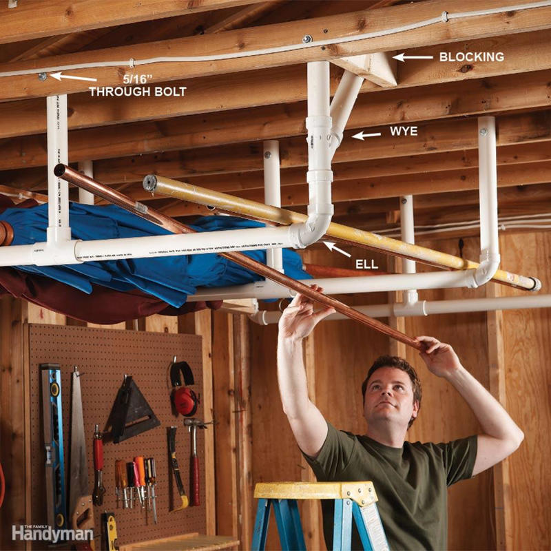 Overhead Storage in the Garage Garage Overhead Storage, Easy Overhead Garage Storage, Garage Storage Tubes, Gladiator GearTrack, Sports Equipment Storage, Customizable Wall of Storage in One Weekend, Don't Waste the High Space, Upcycled Garage Storage Idea, Beyond Hardboard, How to Mount Pegboard Walls, Ball Storage, Pegboard Cubbyholes, Pegboard Shelves
