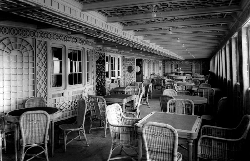 First class: Veranda café and Palm Court The Titanic's tragic tale, The creation of a legend, Building the Titanic, The ship of dreams sets sail, A shocking near miss, Heading into history, First class: the grand staircase, First class: dining saloon, First class: a la carte restaurant, First class: Veranda café and Palm Court, First class: keeping fit, First class: the Turkish baths, First class: swimming pool, First class: smoking room, First class: reading and writing room, First class: staterooms, First class: the super-rich passengers, Second class: staterooms, Second class: elevators, Second class: facilities, Second class: promenade deck chairs, Steerage: staterooms, Steerage: dining room, Steerage: smoking room, SS Mesaba sends a warning, "Iceberg right ahead", Extreme peril, To the lifeboats, The final plunge, Carpathia to the rescue, Survivors on the Carpathia, The iceberg that sank the Titanic?, Everyone saved?, The rescue ships, What happened to the crew?, Captain E.J Smith, 'The greatest coward in history', The inquiries, Raise the Titanic?, Finding the ship, Exploring the wreck, Treasures from the seabed, Tragic search for Titanic wreck, Titanic's lost sister, Suite dreams, No more replica