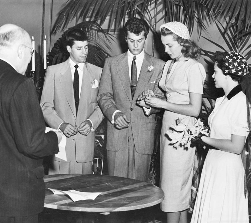 1951: Tony Curtis and Janet Leigh 1930: Dolores del Río and Cedric Gibbons, 1934: Ginger Rogers and Lew Ayres, 1937: Ingrid Bergman and Petter Lindstrom, 1943: Jean-Pierre Aumont and Maria Montez, 1944: Bill Robinson and Elaine Plaines, 1945: Humphrey Bogart and Lauren Bacall, 1945: Shirley Temple and John Agar, 1945: Judy Garland and Vincente Minnelli, 1945: Bette Davis and William Grant Sherry, 1946: Jackie Robinson and Rachel Isum, 1947: Josephine Baker and Jo Bouillon, 1947: Carmen Miranda and David Alfred Sebastian, 1948: Nat King Cole and Maria Hawkins, 1949: Prince Aly Khan and Rita Hayworth, 1949: Lucille Ball and Desi Arnaz, 1950: Conrad Hilton and Elizabeth Taylor, 1951: Tony Curtis and Janet Leigh, 1951: Shah Mohammad Reza Pahlavi and Queen Soraya, 1952: Roger Vadim and Brigitte Bardot, 1952: Elizabeth Taylor and Michael Wilding, 1953: JFK and Jacqueline Kennedy, 1954: Audrey Hepburn and Mel Ferrer, 1954: Joe DiMaggio and Marilyn Monroe, 1955: Joan Crawford and Alfred Steele, 1955: Debbie Reynolds and Eddie Fisher, 1955: Rock Hudson and Phyllis Gates, 1956: Arthur Miller and Marilyn Monroe, 1956: Prince Rainier of Monaco and Grace Kelly, 1957: Sophia Loren and Carlo Ponti, 1957: Robert Wagner and Natalie Wood, 1958: Jayne Mansfield and Mickey Hargitay, 1959: Julie Andrews and Tony Walton, 1959: Dorothy Dandridge and Jack Denison, 1959: Jacques Charrier and Brigitte Bardot, 1960: Eartha Kitt and William McDonald, 1960: Princess Margaret and Antony Armstrong-Jones, 1961: Ginger Rogers and William Marshall, 1961: Lucille Ball and Gary Morton, 1962: Nancy Kwan and Peter Pock, 1964: Elizabeth Taylor and Richard Burton, 1965: Judy Garland and Mark Herron, 1966: Frank Sinatra and Mia Farrow, 1967: Jane Fonda and Roger Vadim, 1967: Elvis Presley and Priscilla Presley, 1968: Sharon Tate and Roman Polanski, 1969: Audrey Hepburn and Andrea Dotti, 1971: Bianca Jagger and Mick Jagger, 1978: Aretha Franklin and Glynn Turman, 1981: Princess Diana and Prince Charles, 1987: Diahann Carroll and Vic Damone