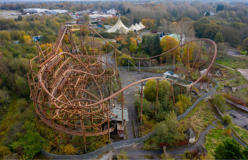 Camelot Theme Park, Charnock Richard, Lancashire, England, UK Fatal attractions, Spreepark, Berlin, Germany, Revel Casino, Atlantic City, New Jersey, USA, Alps Ski Resort, Heul-ri, South Korea, South China Mall, Dongguan, China, World Islands, Dubai, United Arab Emirates, Shania Twain Centre, Timmins, Ontario, Canada, Wonderland Amusement Park, Beijing, China, Son of Beast, Kings Island, Mason, Ohio, USA, Ryugyong Hotel, Pyongyang, North Korea, Heritage USA, Fort Mill, South Carolina, USA, Camelot Theme Park, Charnock Richard, Lancashire, England, UK, Ozark Medieval Fortress, Lead Hill, Arkansas, USA, Millennium Dome, London, England, UK, Marble Arch Mound, London, England, UK, Pripyat Amusement Park, Pripyat, Ukraine