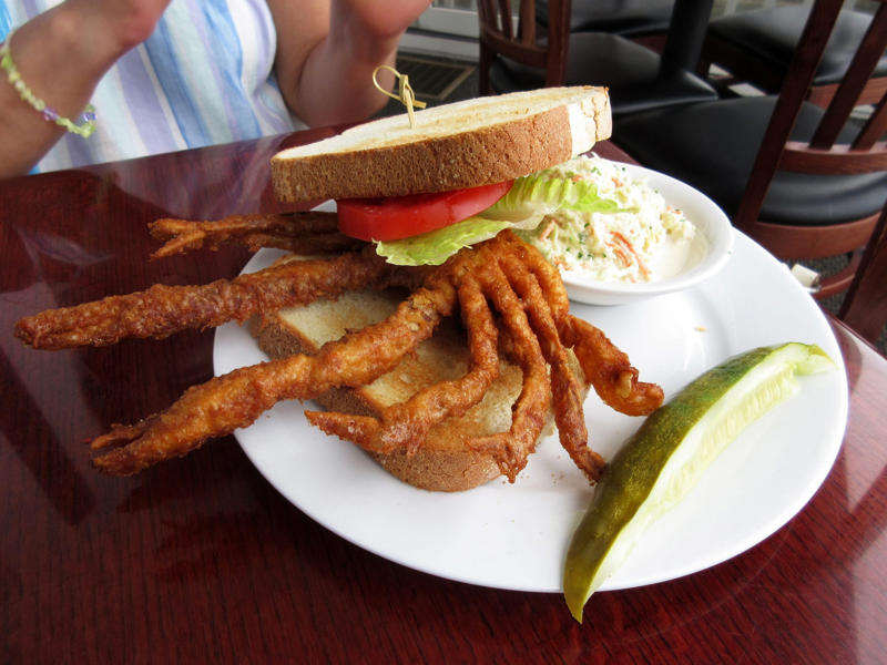 DELAWARE: A soft-shell fried crab sandwich ALABAMA: A chicken sandwich with white barbecue sauce, ALASKA: A wild Alaskan salmon sandwich, ARIZONA: Frybread tacos, ARKANSAS: A deep-fried catfish sandwich, CALIFORNIA: An avocado club sandwich, COLORADO: A Denver sandwich, CONNECTICUT: A Connecticut hamburger, DELAWARE: A soft-shell fried crab sandwich, FLORIDA: A Cuban sandwich, GEORGIA: A fried chicken sandwich, HAWAII: A Kālua-style pork sandwich, ILLINOIS: A Horseshoe sandwich, INDIANA: A Hoosier sandwich, IOWA: A Tavern or "loose meat" sandwich, KANSAS: "Runza" or "bierocks", KENTUCKY: A Hot Brown sandwich, LOUISIANA: A po'boy, MARYLAND: A crab-cake sandwich, MASSACHUSETTS: A Fluffernutter, MICHIGAN: A corned beef sandwich, MINNESOTA: A Jucy Lucy, MISSISSIPPI: A pig-ear sandwich, MISSOURI: A Gerber sandwich, MONTANA: A PB&J with huckleberry jam, NEBRASKA: A Reuben, NEVADA: A Heart Attack Grill burger, NEW HAMPSHIRE: A fried ham and cheese Monte Cristo drizzled with syrup, NEW JERSEY: A Jersey breakfast sandwich, NEW MEXICO: A green chile cheeseburger, NORTH CAROLINA: A pulled-pork sandwich, NORTH DAKOTA: Smørbrød, OHIO: A Polish boy, OKLAHOMA: A chicken-fried steak sandwich, OREGON: A falafel pita, PENNSYLVANIA: A Philly cheesesteak, RHODE ISLAND: A Dynamite sandwich, SOUTH CAROLINA: A tuna melt, SOUTH DAKOTA: A walleye sandwich, TENNESSEE: A Fluffernutter, TEXAS: A brisket sandwich, UTAH: A pastrami burger, VERMONT: A Vermonter, VIRGINIA: A grilled ham and cheese, WASHINGTON: Bánh mì, WEST VIRGINIA: An apple and turkey sandwich, WISCONSIN: A sausage roll or brat bun, WYOMING: A bison meatball sandwich