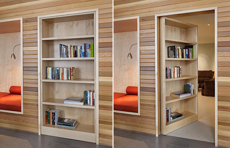 A hidden media room Blink and you'll miss these hidden rooms, Secret sliding fireplace, Hidden mirror door, Curious cabinets, A transforming wall, Concrete doorway, Billiard room hideaway, The hidden wardrobe hangout, A hidden media room, No ordinary staircase, The hidden mini passageway, The clandestine lounge, The fireplace safe room, A secret sleeping space