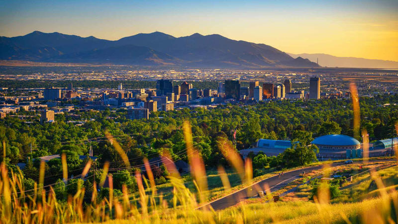 Salt Lake City skyline at sunset with Wasatch Mountains in the background, Utah 49. Massachusetts, 48. New Jersey, 47. Hawaii, 46. California, 44. Washington, 43. Connecticut, 42. Colorado, 41. Utah, 39. Alaska, 38. Minnesota, 37. Rhode Island, 36. New York, 34. Illinois, 33. Oregon, 32. Vermont, 31. Arizona, 29. Pennsylvania, 28. North Dakota, 27. Wisconsin, 26. Nevada, 24. Wyoming, 23. Georgia, 22. Idaho, 21. Iowa, 19. South Dakota, 18. Maine, 17. Florida, 16. Michigan, 14. Montana, 13. North Carolina, 12. Ohio, 11. Missouri, 9. South Carolina, 8. Oklahoma, 7. Kentucky, 6. New Mexico, 4. Louisiana, 3. Arkansas, 2. West Virginia