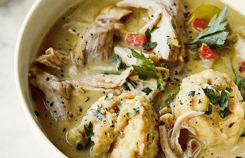 Chicken soup and dumplings Feel-good food everyone will adore, French toast-style bacon crumpets, Mozzarella and tomato bread, Chicken soup and dumplings, Roasted pork belly with pears and thyme, Mushroom and lentil pie, Smoked sausage pasta, Slow-cooked chicken with a crisp corn crust, Saffron chicken korma, Spiced pumpkin, olive oil and orange cake, Easy chocolate torte, Sticky cinnamon buns, Hot chocolate cake