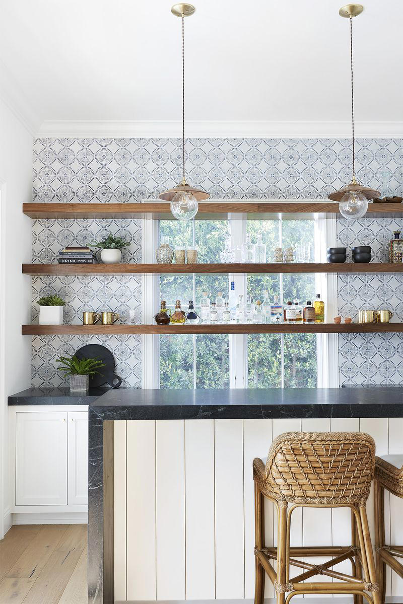 20) Get Smart With Floating Shelves 10) Take a Maximalist Approach, 16) Make the Most of Kitchen Corners, 17) Bring in a Dining Table, 18) Mount a Metal Rack, 20) Keep It Classic, 21) Let Counters Play Double Duty, 24) Install a Pegboard Wall, 25) Add Sleek Open Shelving, 26) Go Big With Art, 29) Infuse Color With Tiles, 34) Add Task Lighting, 36) Go Bold on Top, Neutral on Bottom, 39) Get Smart With Floating Shelves, 40) Keep Most-Used Items on Shelves, 41) Extend Tile from Countertop to Ceiling, 44) Disguise Your Dishwasher, 45) Double up on Pattern and Color, 46) Try Backless Stools, 47) Craft a Wine Nook, 48) Invest in a Rolling Kitchen Cart, 49) Use Vertical Space