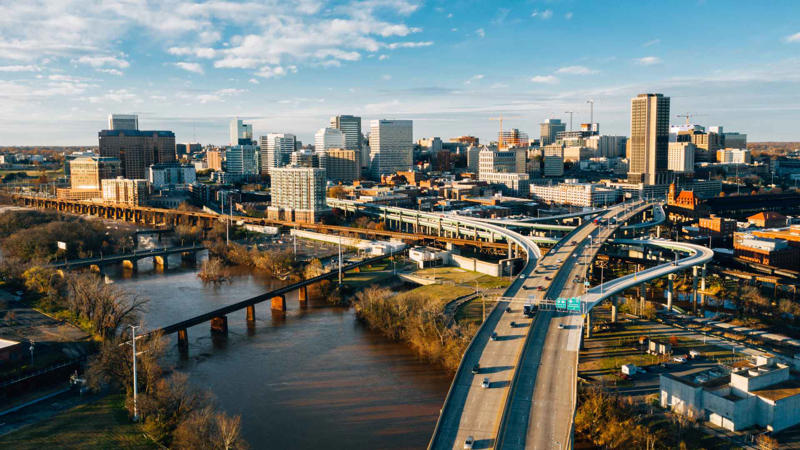 Richmond Skyline Aerial View 48. Massachusetts, 47. Washington, 45. Utah, 44. New Jersey, 43. Oregon, 41. Montana, 40. Rhode Island, 39. Idaho, 37. Arizona, 36. New York, 35. Maryland, 33. Connecticut, 32. Virginia, 31. Maine, 29. Delaware, 28. Alaska, 27. Wyoming, 25. North Carolina, 24. Georgia, 23. Tennessee, 21. New Mexico, 20. South Dakota, 19. South Carolina, 17. Pennsylvania, 16. Illinois, 15. North Dakota, 13. Missouri, 12. Indiana, 11. Michigan, 9. Alabama, 8. Kansas, 5. Arkansas, 4. Kentucky, 3. Louisiana, 2. Mississippi