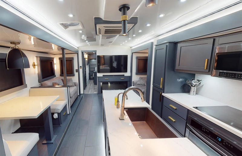 Explore these supersized mobile mansions, SLRV motorhome for a family of eight: 40 feet, eleMMent palazzo Superior: 45 feet, Vin Diesel’s monster trailer: 53 feet, Jennifer Lopez's mammoth motorhome: 53 feet, Will Smith's sprawling RV: 53 feet, SpaceCraft's custom trailer: 54 feet, SpaceCraft's super semi: 57 feet, CMC Caravan's custom mega-motorhomes: up to 61 feet