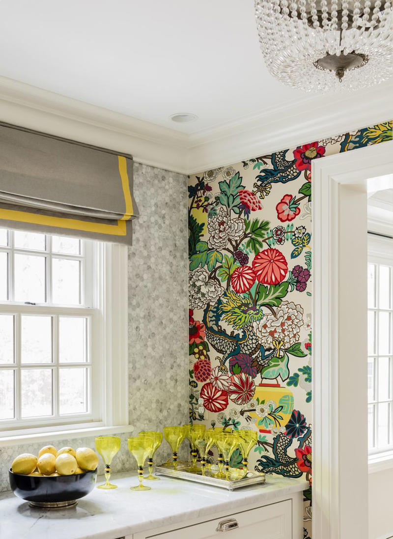 Harlem Toile by Sheila Bridges, Les Touches by Brunschwig &amp; Fils, Dolly by Sister Parish Design, Citrus Garden by Schumacher, The Vase by Clarence House, Hicks' Hexagon by Cole &amp; Son, Chiang Mai Dragon by Schumacher