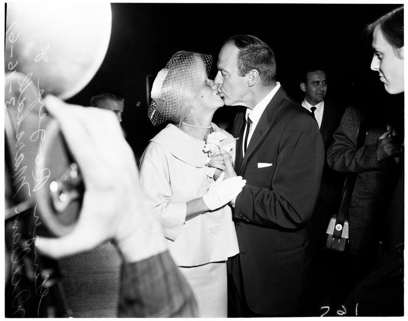 1960: Sammy Davis Jr. and May Britt, 1960: Princess Margaret and Antony Armstrong-Jones, 1960: Eartha Kitt and John William McDonald , 1961: Frank Robinson and Barbara Ann Cole, 1961: Ginger Rogers and William Marshall, 1961: Aretha Franklin and Ted White, 1962: Nancy Kwan and Peter Pock, 1962: Don Juan Carlos of Spain and Princess Sophia of Greece and Denmark, 1962: Jack Lemmon and Felicia Farr, 1963: Tony Curtis and Christine Kaufmann, 1963: Frank Budd and Barbara Jordan , 1963: Betty White and Allen Ludden, 1963: Desi Arnaz and Edith Mack Hirsch, 1963: Terry O'Neill and Vera Day, 1963: Paul Anka and Anne De Zogheb, 1964: Elizabeth Taylor and Richard Burton, 1964: Serge Gainsbourg and Françoise Pancrazzi, 1964: Peter Sellers and Britt Ekland, 1964: Ethel Merman and Ernest Borgnine, 1964: Tippi Hedren and Noel Marshall, 1965: Jane Birkin and John Barry, 1965: Catherine Deneuve and David Bailey, 1965: Johnny Hallyday and Sylvie Vartan, 1965: Ringo Starr and Maureen Cox, 1966: Pelé and Rosemeri dos Reis Cholbi, 1966: Frank Sinatra and Mia Farrow, 1966: Sophia Loren and Carlo Ponti, 1966: George Harrison and Pattie Boyd, 1966: Brigitte Bardot and Gunter Sachs, 1967: Jane Fonda and Roger Vadim, 1967: Raquel Welch and Patrick Curtis, 1967: Liza Minnelli and Peter Allen, 1967: Elvis Presley and Priscilla Beaulieu, 1968: Jacqueline Kennedy and Aristotle Onassis, 1968: Wayne Newton and Elaine Okamura, 1969: Judy Garland and Mickey Deans, 1969: John Lennon and Yoko Ono, 1969: Audrey Hepburn and Andrea Dotti, 1969: Linda Eastman and Paul McCartney , 1969: Lulu and Maurice Gibb, 1969: Roger Moore and Luisa Mattioli