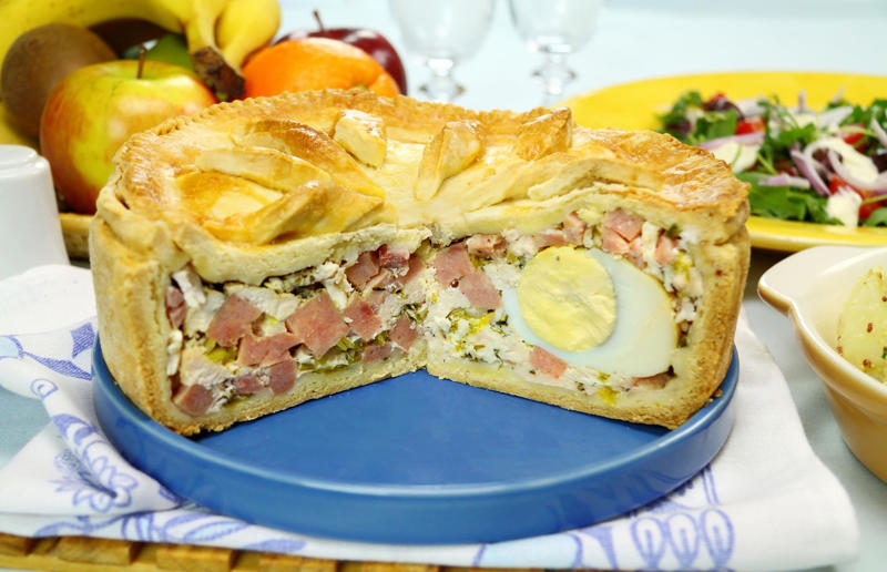 13. Bacon and egg pie, England and New Zealand 34. Stargazy pie, England, UK, 33. Borek, various locations, 32. Saskatoon berry pie, Canada, 31. Butter pie, England, UK, 30. Vlaai, Netherlands, 29. Zelnik, Bulgaria and North Macedonia, 28. Egyptian goulash, Egypt, 27. Peach pie, USA, 26. Kreatopita, Greece, 25. Scotch pie, Scotland, UK, 24. Empadão de frango, Brazil, 23. Pepper steak pie, South Africa, 22. Limonnik, Russia, 21. Pork pie, England, UK, 20. Bündner Nusstorte, Switzerland, 19. Penovani khachapuri, Georgia, 18. Empanada gallega, Spain, 17. Steak and Guinness pie, Ireland, 16. Geraardsbergse mattentaart, Belgium, 15. Pâté chaud, Vietnam, 14. Mince pie, various locations, 13. Bacon and egg pie, England, UK and New Zealand, 12. Pastilla, North Africa, 11. Pithivier, France, 10. Pot pie, Canada, UK and USA, 9. Torta pasqualina, Italy, 8. Cherry pie, USA, 7. Coulibiac, France and Russia, 6. Buko pie, Philippines, 5. Tourtière, Canada, 4. Spanakopita, Cyprus and Greece, 3. Steak and kidney pie, UK, 2. Meat pie, Australia and New Zealand