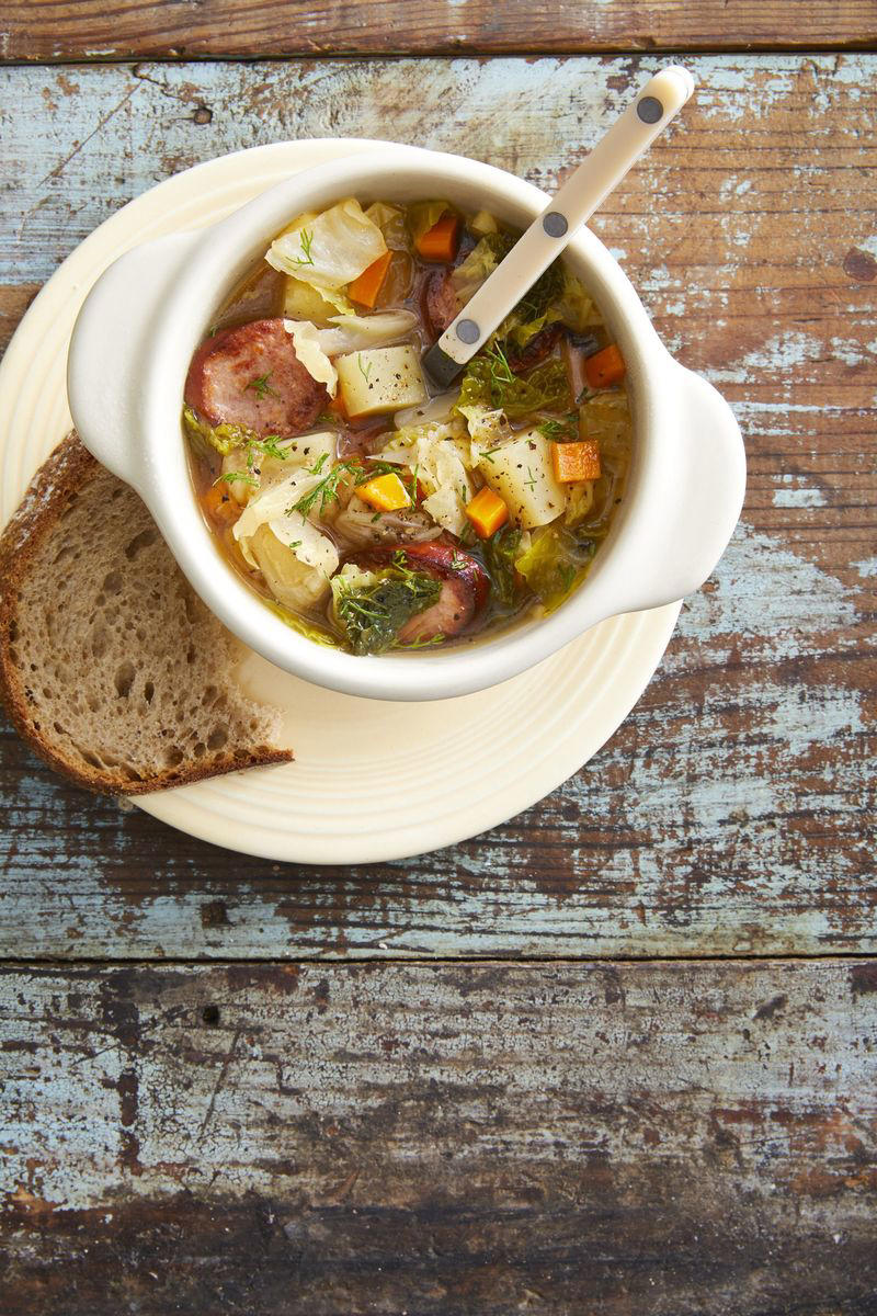 Seared Sausage with Cabbage and Pink Lady Apples, Butter-Braised Cabbage with Cream and Garlic, Baked Cabbage and Potato Buns (Piroshki), Bacon-Cabbage Panzanella, Honey Mustard Roasted Chicken and Cabbage, Sausage, Potato, and Cabbage Soup, Pierogies with Sausage, Cabbage &amp; Pear, Roasted Red Cabbage-and-Collard Green Slaw