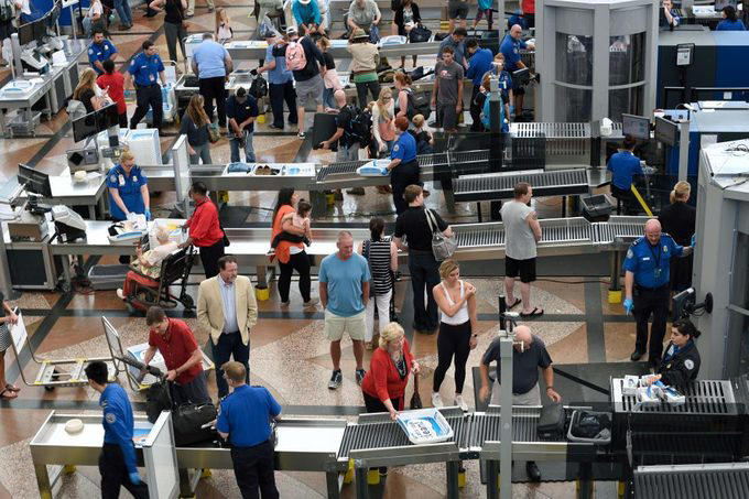 Everyone wants the security line to move faster, including TSA agents, Trying to pet the TSA K9 dog, Handing agents your boarding pass without your ID, Holding up your ID, Crowding the security checkpoint, Asking a TSA agent to check you in for your flight, Talking on your phone the whole time, Bringing the wrong ID, Yelling at them, Telling a bomb joke, Not listening to their directions, Walking your dog on a leash, Letting your kids run wild, Overdressing