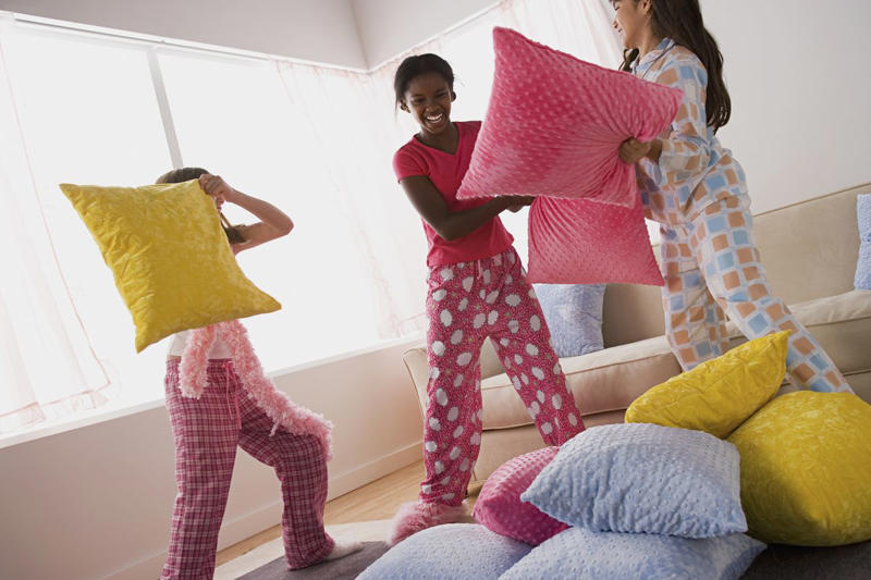 25) Pillow Fight! 1) Create a Scavenger Hunt, 4) Play Lawn Games, 7) Test a New Board Game, 25) Pillow Fight!, 28) Or Play Spin the Bottle — of Nail Polish, 29) Or Skip the Nails and Do a Face Mask, 30) Play 'Murder in the Dark', 33) Play 'Celebrity', 36) Dance Contest!, 37) Go Watch the Sunrise, 38) Pancake Brunch