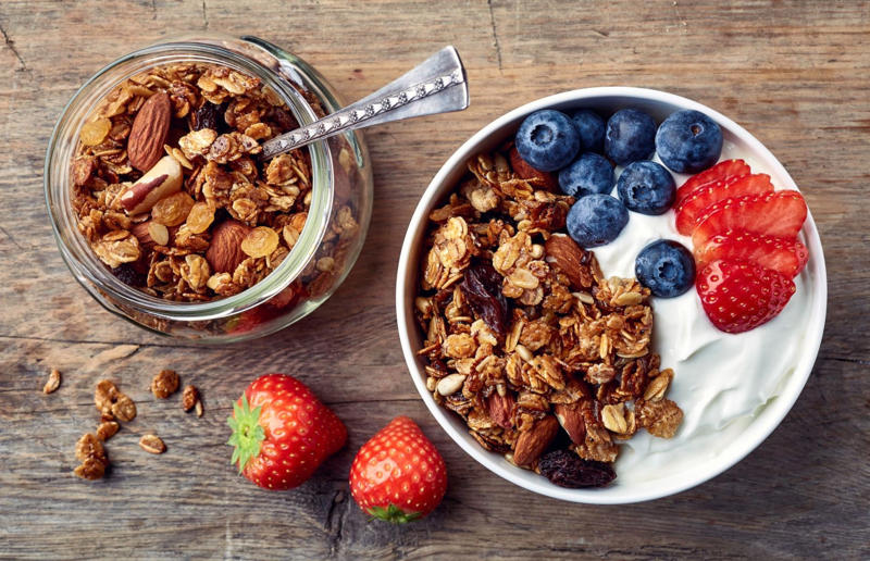 Granola Sugary-sweet air fryer treats, Berry crumble, Chocolate fondant, Nectarine galette, Profiteroles, 'Baked' peaches, Strawberry and cream tartlets, Baked pears in honey, S'mores cookies, Cinnamon French toast, Coconut macaroons, Blackened bananas, 'Grilled' pineapple, Banana bread, Amaretti biscuits, Chocolate chip cookies, Oat and raisin bars, Blueberry muffins, Snickerdoodles, Banana chips, Shortbread