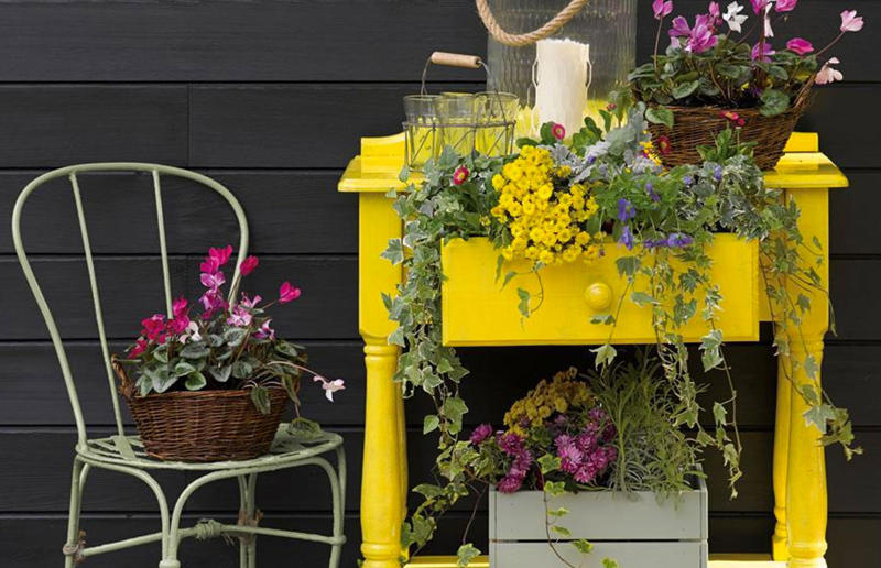 Refresh, reuse and recycle, Teacup bird feeder, Kids' stationery jars, Animal tin cans, Skateboard side table, Cork pot stand, Denim planters, Colander hanging basket, Découpage dresser, Ladder garden, Window shutter wall planter, Chalk painted furniture, Mason jar lights, Storage ladder, Outdoor plant dresser, Suitcase-style drawers, Blue sky fridge, Wooden bowl lamp, Children's drawers, Colourful candlesticks, Tin can planters, Textured set of drawers, Corkboard wall art, Reclaimed door bench, Bicycle bathroom vanity, Chair transformations, Cabinet update, Reclaimed wooden shelf, Plastic bottle garden chairs