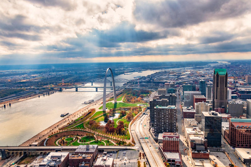 An aerial view of downtown St. Louis, Missouri. 15. Nashville, Tennessee, 14. St. Louis, Missouri, 13. Scottsdale, Arizona, 12. Wichita Falls, Texas, 11. Austin, Texas, 10. Sunnyvale, California, 9. Westminster, Colorado, 8. Sioux Falls, South Dakota, 7. Cary, North Carolina, 6. Santa Clara, California, 5. Carmel, Indiana, 4. Bellevue, Washington, 3. Seattle, Washington, 2. Richmond, Virginia, 1. Bend, Oregon
