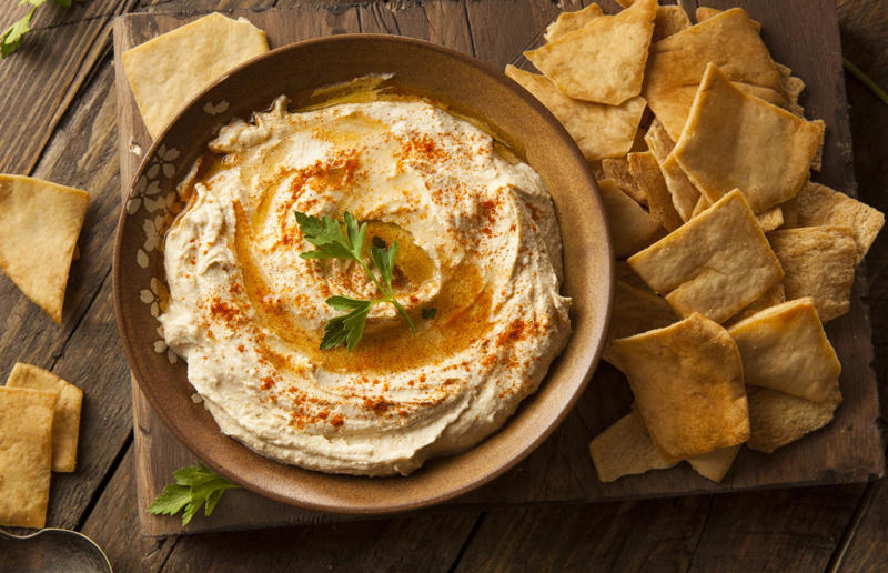 Hummus As easy as one, two, three..., Honeyed curry mayo, Baked brie, Whipped smoked salmon, Goats' cheese and lemon, Speedy blue cheese, Creamy ranch, Cucumber raita, Crab pâté, Tapenade, Baba ganoush, Smoked mackerel pâté, Sour cream and onion, Roasted red pepper, Beetroot hummus, Tzatziki, Artichoke, Tomato salsa, Guacamole, Salmon and cream cheese, Broad bean and basil, Spicy ponzu, Whipped feta, Hot tomato, Vegan queso, Caramel sauce, Chocolate sauce