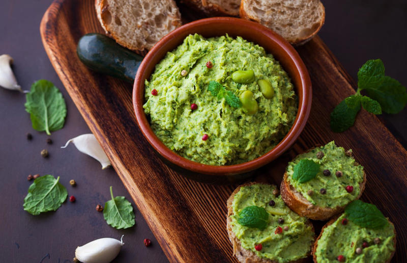 Broad bean and basil As easy as one, two, three..., Honeyed curry mayo, Baked brie, Whipped smoked salmon, Goats' cheese and lemon, Speedy blue cheese, Creamy ranch, Cucumber raita, Crab pâté, Tapenade, Baba ganoush, Smoked mackerel pâté, Sour cream and onion, Roasted red pepper, Beetroot hummus, Tzatziki, Artichoke, Tomato salsa, Guacamole, Salmon and cream cheese, Broad bean and basil, Spicy ponzu, Whipped feta, Hot tomato, Vegan queso, Caramel sauce, Chocolate sauce