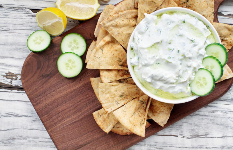 Tzatziki As easy as one, two, three..., Honeyed curry mayo, Baked brie, Whipped smoked salmon, Goats' cheese and lemon, Speedy blue cheese, Creamy ranch, Cucumber raita, Crab pâté, Tapenade, Baba ganoush, Smoked mackerel pâté, Sour cream and onion, Roasted red pepper, Beetroot hummus, Tzatziki, Artichoke, Tomato salsa, Guacamole, Salmon and cream cheese, Broad bean and basil, Spicy ponzu, Whipped feta, Hot tomato, Vegan queso, Caramel sauce, Chocolate sauce