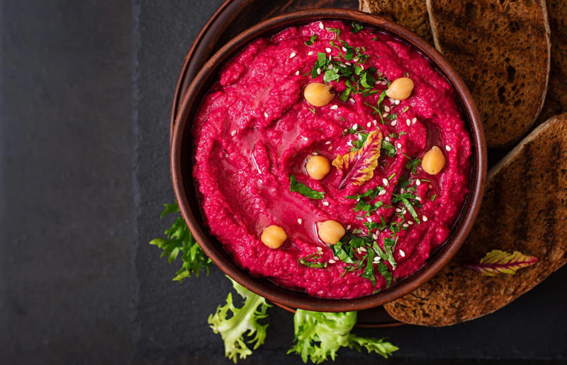 Beetroot hummus As easy as one, two, three..., Honeyed curry mayo, Baked brie, Whipped smoked salmon, Goats' cheese and lemon, Speedy blue cheese, Creamy ranch, Cucumber raita, Crab pâté, Tapenade, Baba ganoush, Smoked mackerel pâté, Sour cream and onion, Roasted red pepper, Beetroot hummus, Tzatziki, Artichoke, Tomato salsa, Guacamole, Salmon and cream cheese, Broad bean and basil, Spicy ponzu, Whipped feta, Hot tomato, Vegan queso, Caramel sauce, Chocolate sauce